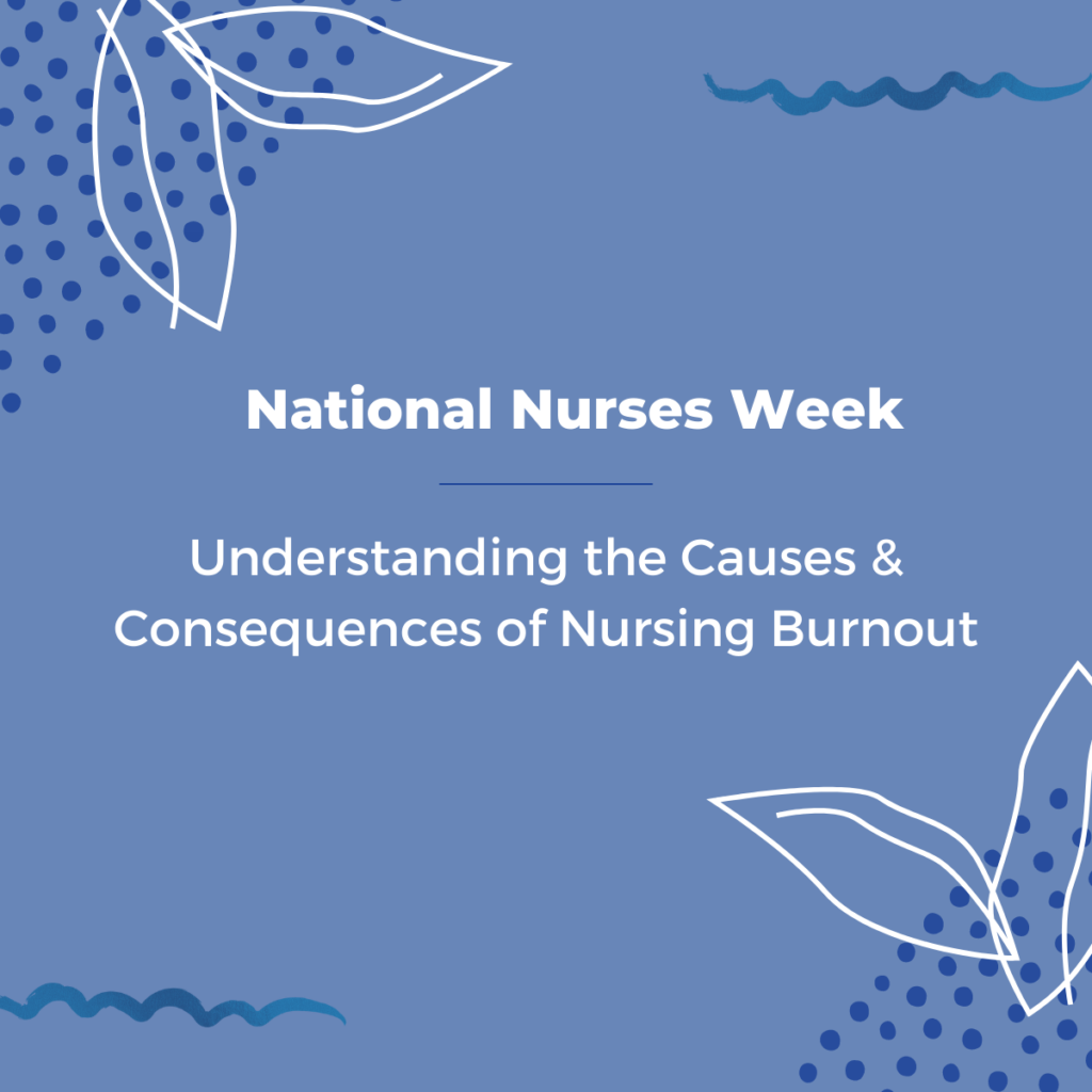 Lavender backdrop with designs in the corner, text in the middle describing National Nurses Week blog post and the content that will be discussed.