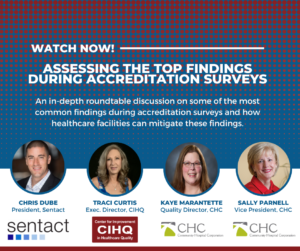 Blue and red background with headshots of healthcare executives that spoke at webinar discussing how hospitals can assess the top findings during accreditation surveys and the resources available to mitigate them.